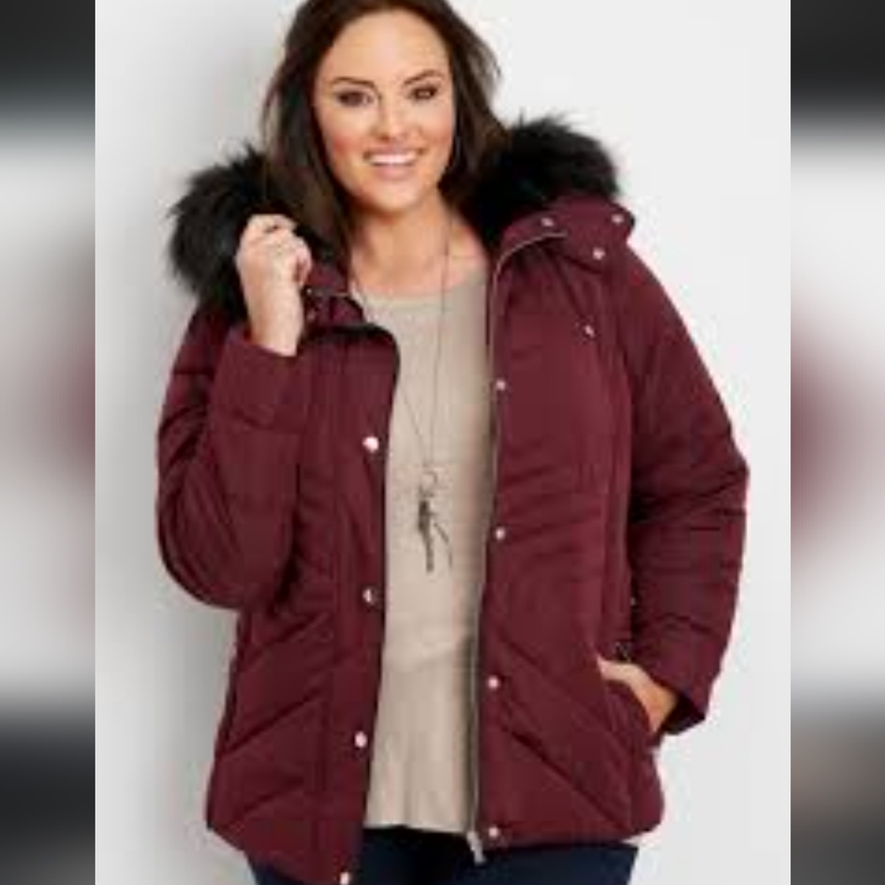 Women's Burgundy Jacket with Faux Fur Hood